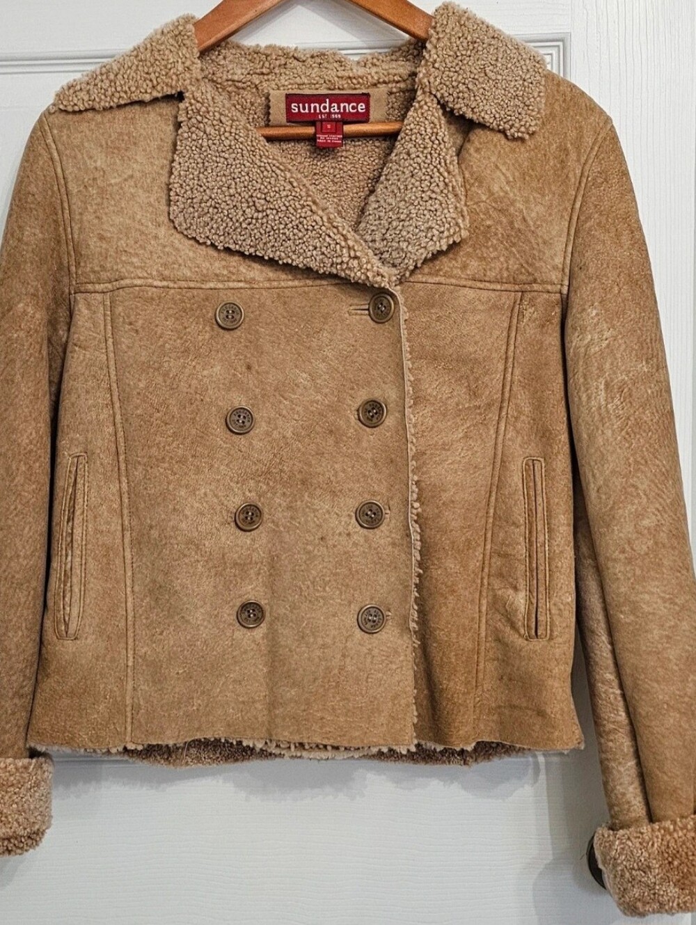Sundance Leather Tan Shearling-Lined Double-Breasted Peacoat